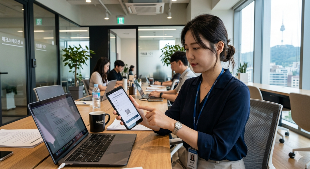 프라임 오피스 빌딩에서 입주사 앱을 통해 방문객을 등록하고 QR 출입을 사용하는 모습