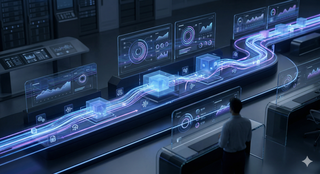 AI 기반 업무 자동화와 프로세스 흐름 구조를 보여주는 이미지