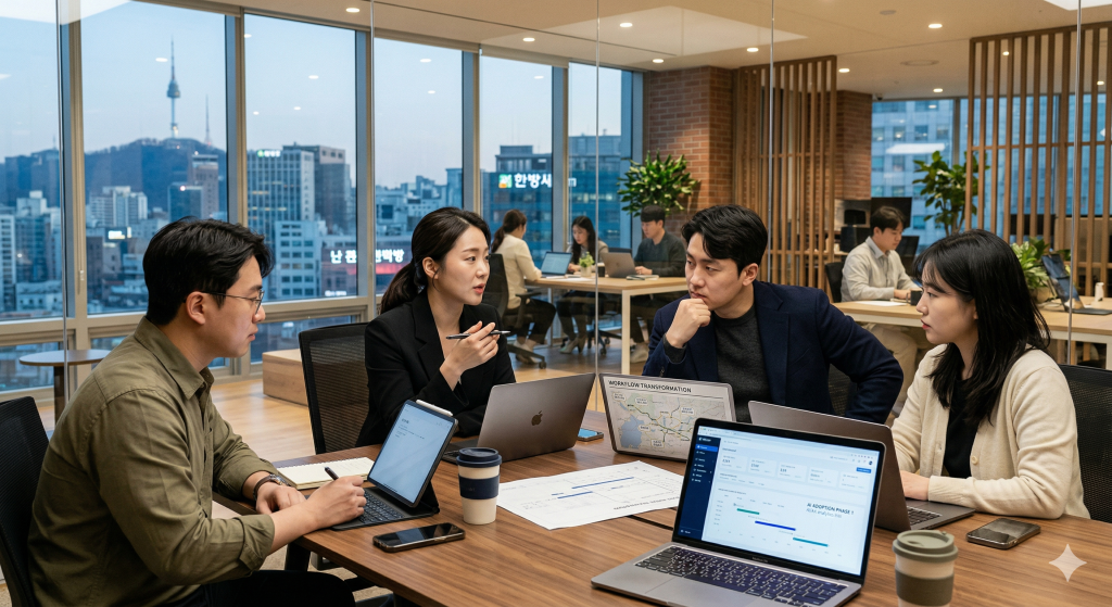 AX 시대에 빠르게 작동하는 조직 구조를 논의하는 한국인 팀