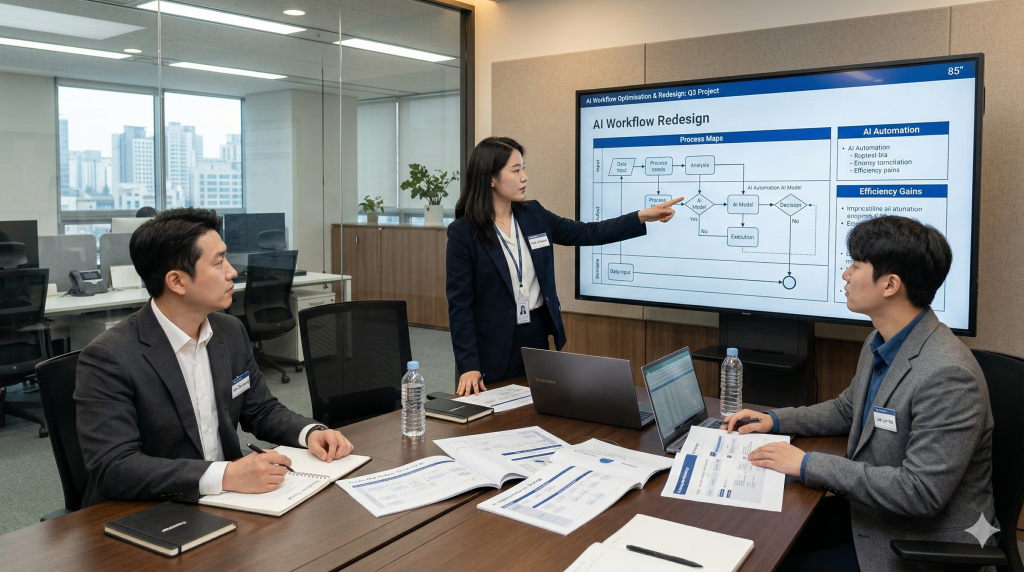 한국 기업 업무 환경에서 AX 전략 기반으로 업무 흐름을 재설계하는 컨설팅 장면
