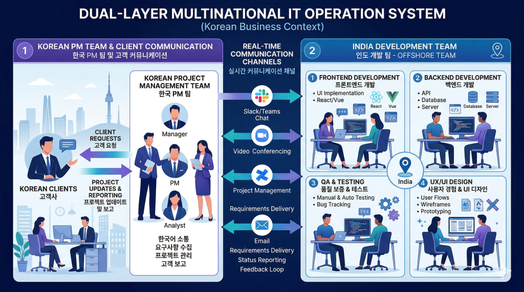 한국 PM 인도 개발팀 다국적 IT 운영 시스템 구조도