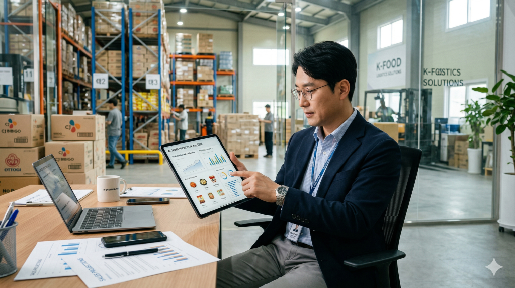한국 유통 영업 담당자가 태블릿에서 AI가 제안한 거래처 발주 예측 결과를 확인하는 장면