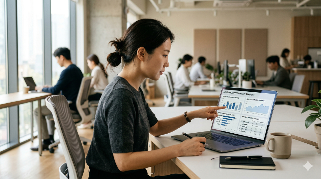 한국 마케터가 노트북에서 AI가 분석한 인플루언서별 협찬 성과와 전환율 비교 대시보드를 검토하는 장면