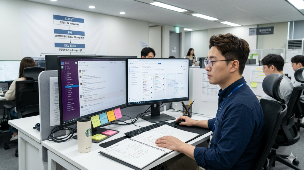 한국 PM이 듀얼 모니터로 프로젝트 관리 툴을 운영하며 인도 개발팀을 체계적으로 관리하는 한국 오피스 환경