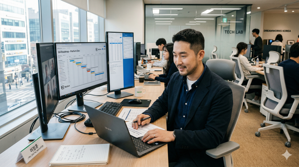 한국 PM이 인도 개발팀과 화상으로 실시간 협업하는 장면