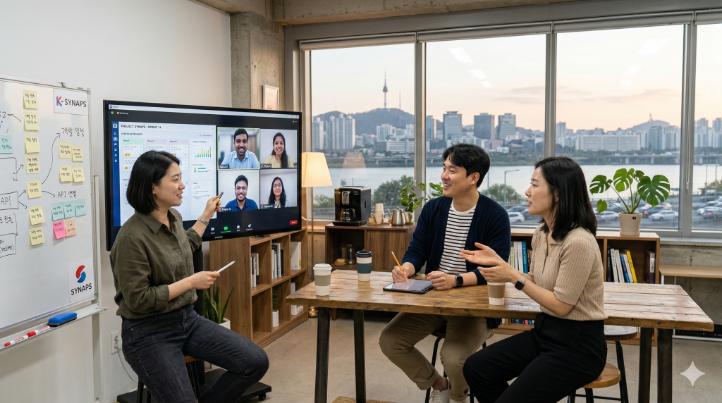 한국 스타트업과 인도 개발팀의 글로벌 협업 구조 장면